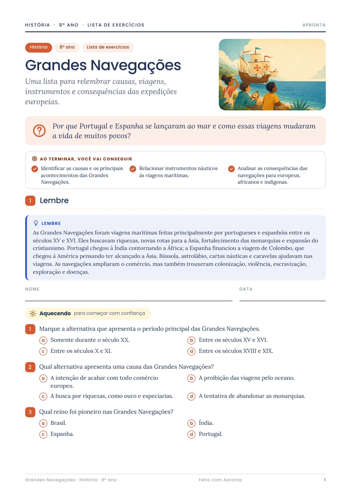 Lista de exercícios de História, 8º ano, sobre as Grandes Navegações: capa ilustrada, caixa 'Lembre' e questões de múltipla escolha numeradas
