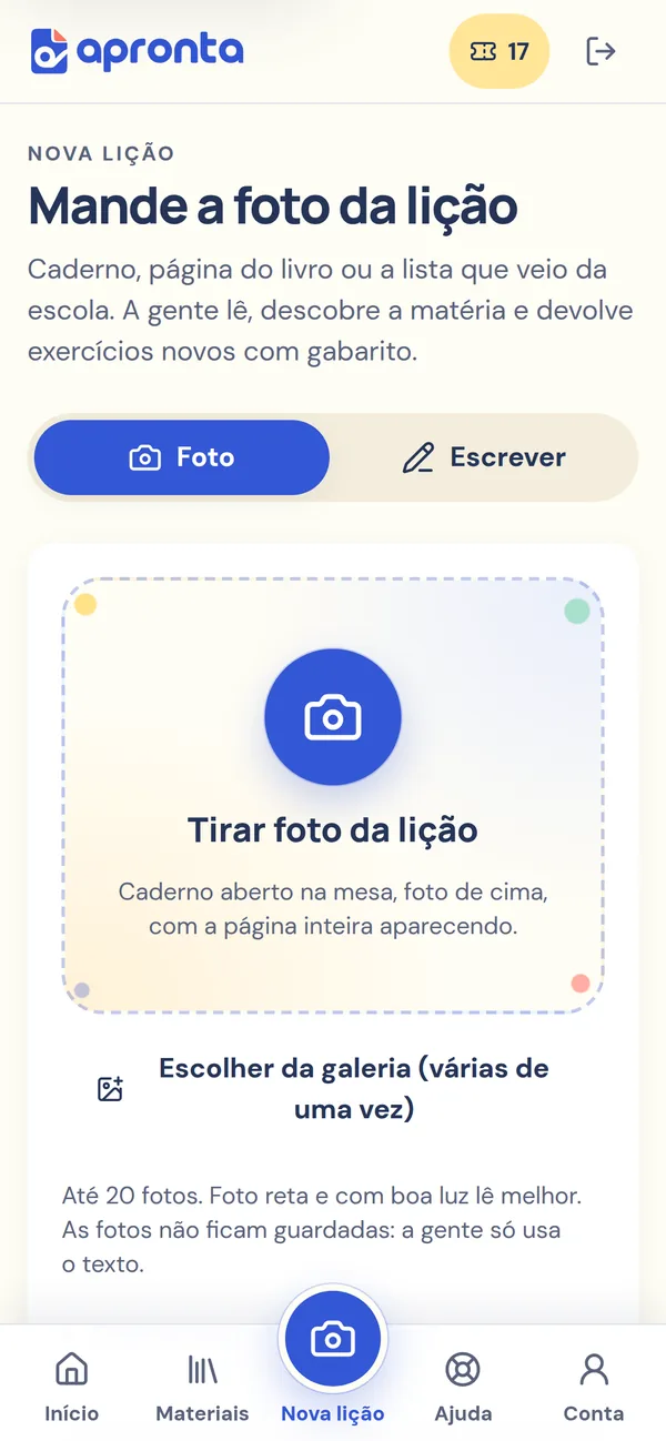 Tela do Apronta para tirar a foto da lição, com o botão da câmera no centro