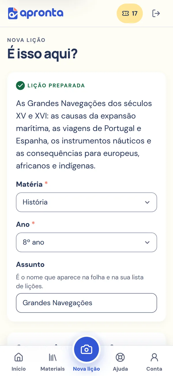 Tela 'É isso aqui?' do Apronta mostrando a matéria História, o 8º ano e o assunto Grandes Navegações já reconhecidos