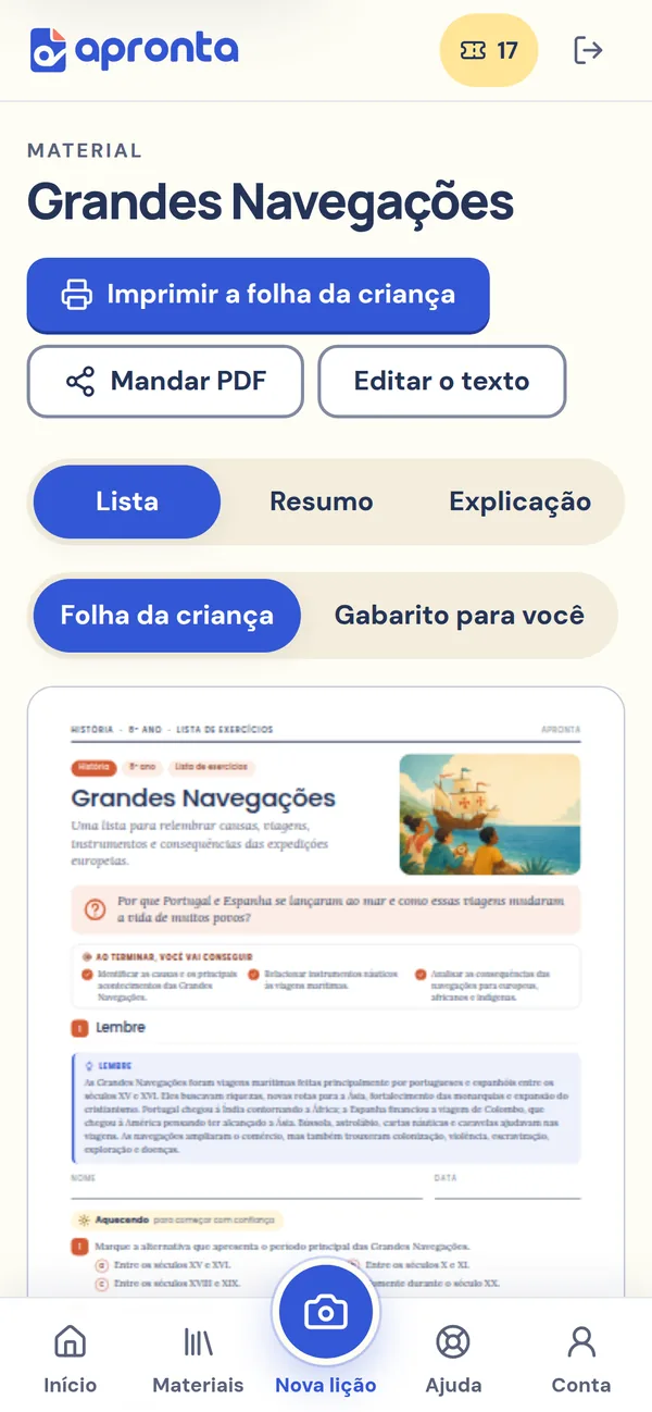 Tela do material pronto no Apronta, com os botões Imprimir a folha da criança e Mandar PDF, e a folha de Grandes Navegações aparecendo abaixo